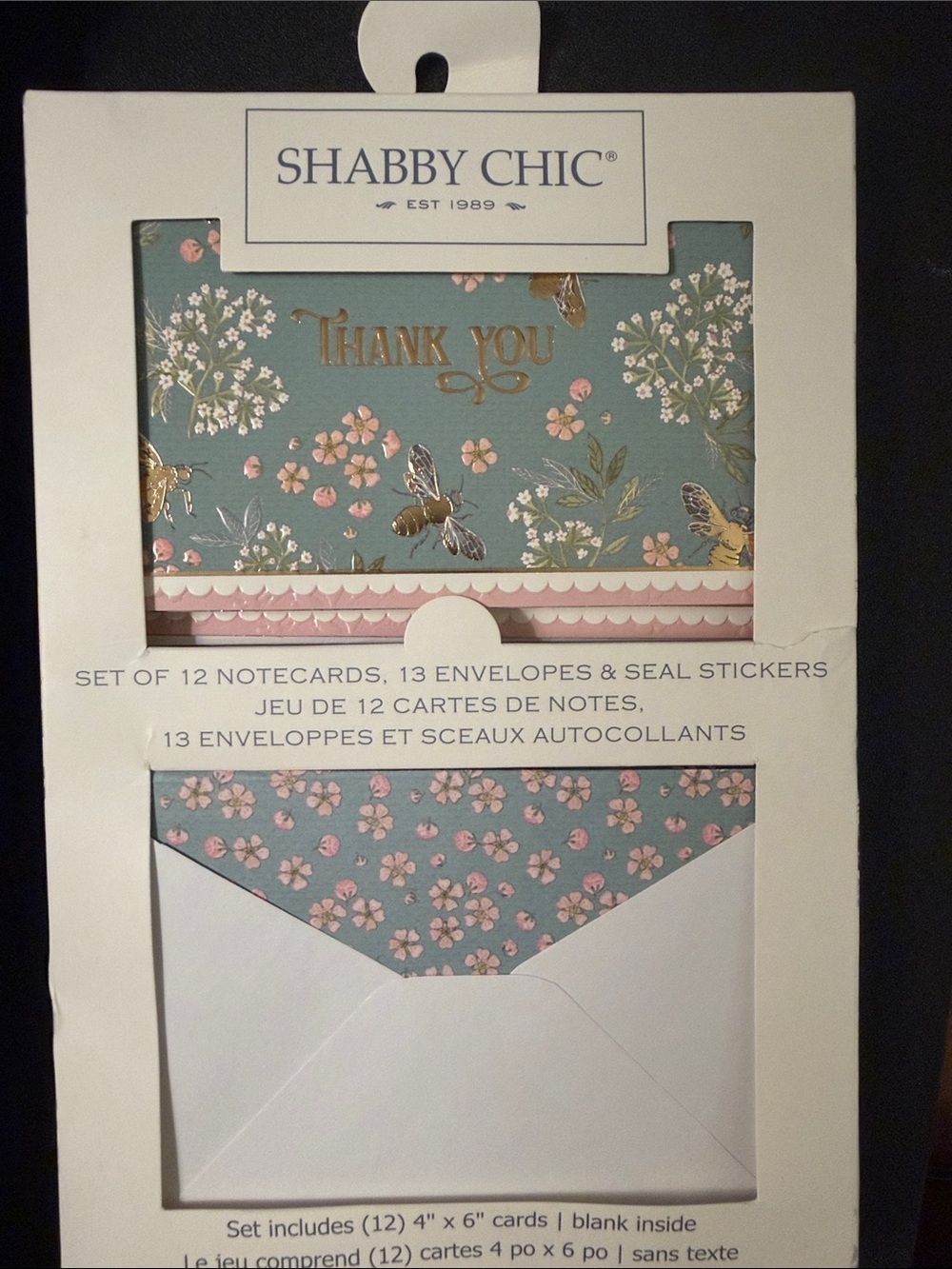 Shabby Chic Teal Floral Thank You Cards with Pink Flowers & Gold Foil